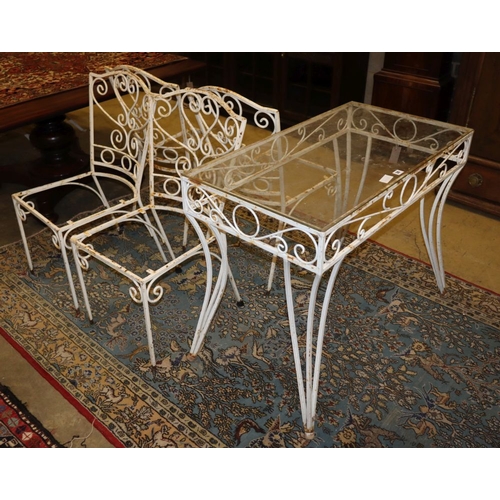 30 - A glass top painted wrought iron garden table, W.91cm, D.50cm, H.74cm together with four chairs (no ... 