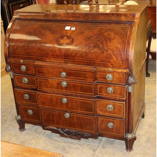 63 - An early 19th century Dutch mahogany and chequer inlaid cylinder breakfront bureau, with fitted inte... 