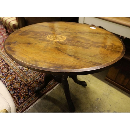 12 - A Victorian inlaid walnut oval topped tea table, width 104cm, depth 72cm, height 71cm, no bolts... 