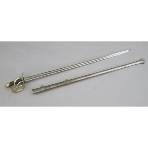 15 - An French heavy cavalry sword, with brass basket hilt and steel scabbard, signed on the blade Manufr... 