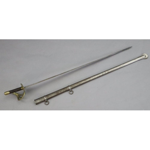 15 - An French heavy cavalry sword, with brass basket hilt and steel scabbard, signed on the blade Manufr... 