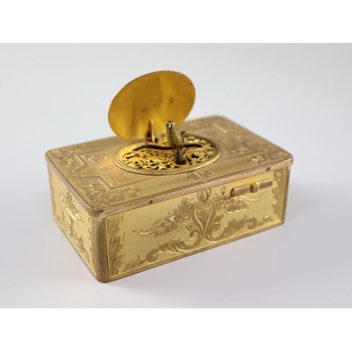 28 - A late 19th century Swiss ormolu singing bird box, with flower and scroll engraved case, catch opera... 