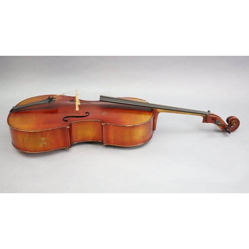 31 - A late 19th/early 20th century German cello, labelled 'Schutz HD junior Marke', with little curl to ... 