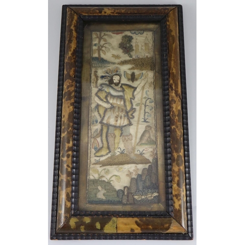 38 - A 17th century English needle and stumpwork panel, with central king like figure standing in a lands... 