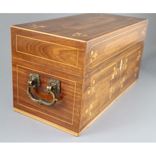47 - A Regency inlaid mahogany tea caddy, of plain rectangular form, with gilt bronze handles, the lid en... 