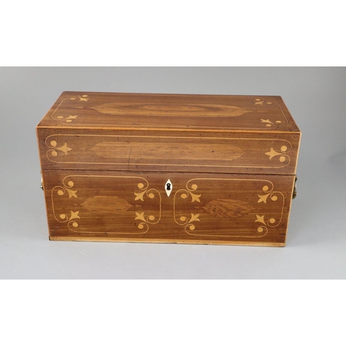 47 - A Regency inlaid mahogany tea caddy, of plain rectangular form, with gilt bronze handles, the lid en... 