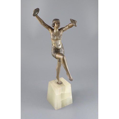 54 - Henri Fugère (French, 1872 ~ 1944) - an Art Deco patinated bronze figure of a cymbals dancer, signed... 