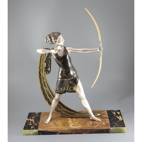59 - Lucien Gibert (1904-1988) - an Art Deco silvered spelter figure of a female archer, standing with iv... 