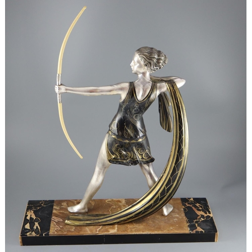59 - Lucien Gibert (1904-1988) - an Art Deco silvered spelter figure of a female archer, standing with iv... 
