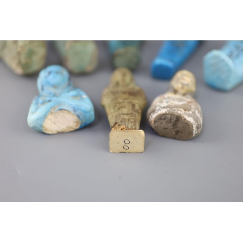 10 - Five Egyptian turquoise glazed faience shabti and three fragments, New Kingdom to late period, some ... 