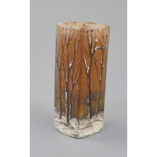 101 - A Daum Nancy Art Deco cameo glass square vase, decorated with a winter woodland scene at dusk, the b... 