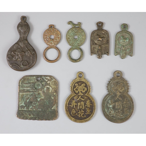 175 - China, 8 bronze charms or amulets, Qing dynasty or earlier, 47-75mm, F to VF, three double gourd sha... 