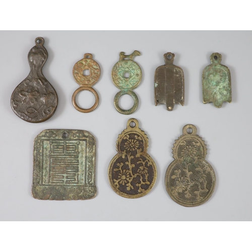 175 - China, 8 bronze charms or amulets, Qing dynasty or earlier, 47-75mm, F to VF, three double gourd sha... 