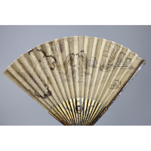 18 - An English painted paper and 'lacquer' fan, late 18th century and a 19th century Chinese embroidered... 