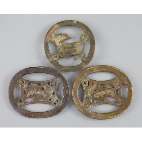 181 - China, 3 large bronze openwork amulets, probably Song-Ming dynasty, each oval, two cast to the centr... 