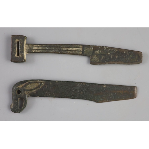 187 - Two Chinese bronze knives, Ordos Culture, c.3rd century B.C. lacking the end of each blade, and perh... 