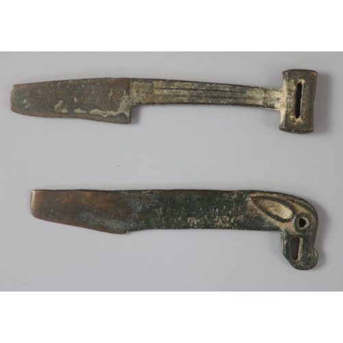 187 - Two Chinese bronze knives, Ordos Culture, c.3rd century B.C. lacking the end of each blade, and perh... 