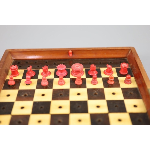 19 - A Jaques & Son Ltd In Statu Quo bone travelling chess set, in mahogany case, c.1860, with brass labe... 