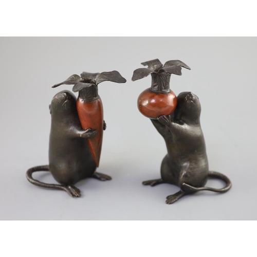 203 - A pair of Japanese bronze 'rat' candlesticks, Meiji period, each cast and modelled as rat holding a ... 