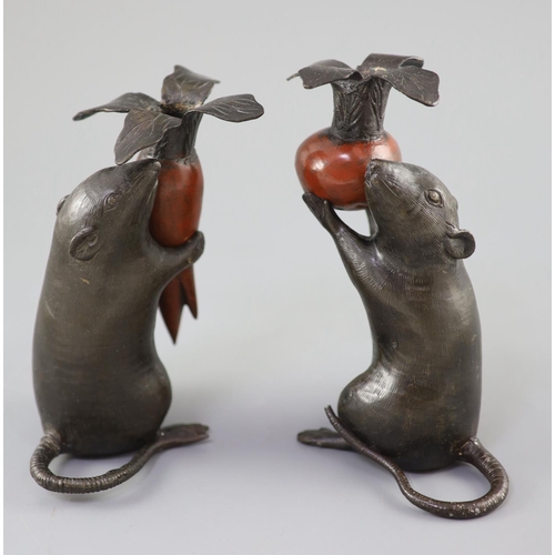 203 - A pair of Japanese bronze 'rat' candlesticks, Meiji period, each cast and modelled as rat holding a ... 