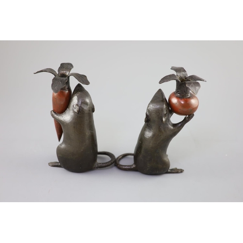 203 - A pair of Japanese bronze 'rat' candlesticks, Meiji period, each cast and modelled as rat holding a ... 