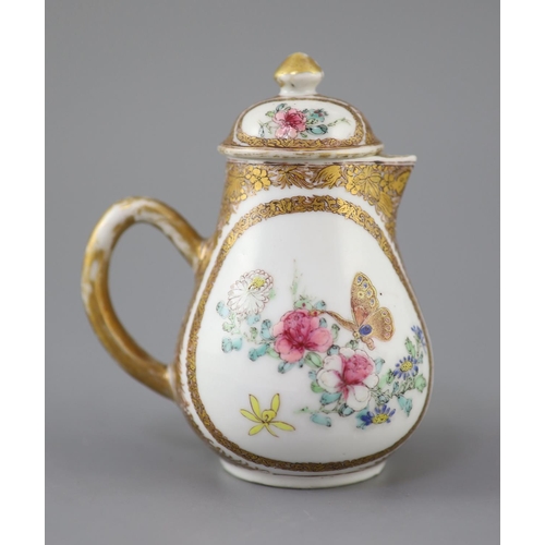 208 - A Chinese famille rose covered jug, Yongzheng period (1723-35), finely painted to one side with two ... 