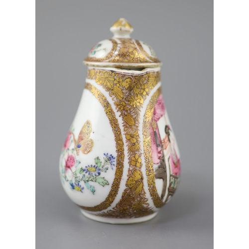 208 - A Chinese famille rose covered jug, Yongzheng period (1723-35), finely painted to one side with two ... 