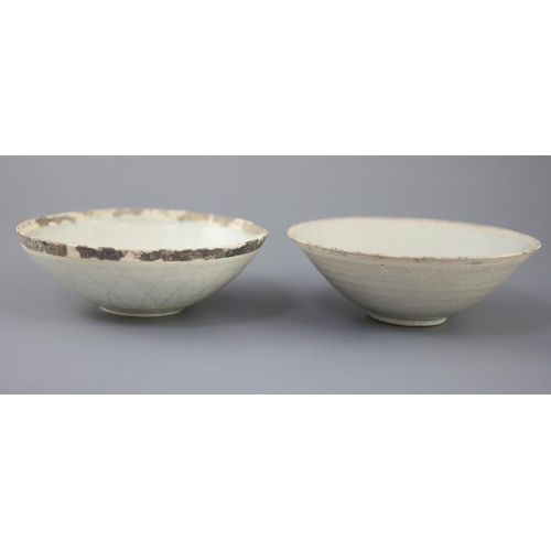 213 - Two Chinese Qingbai bowls, Song dynasty, the first incised with foliage to the interior, the second ... 