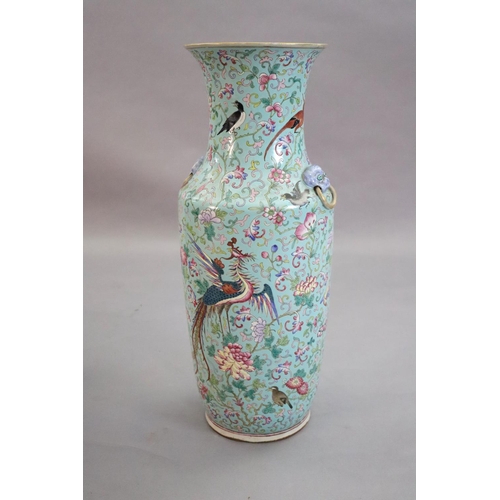 220 - A large Chinese famille rose turquoise ground baluster vase, first half 19th century, painted with v... 