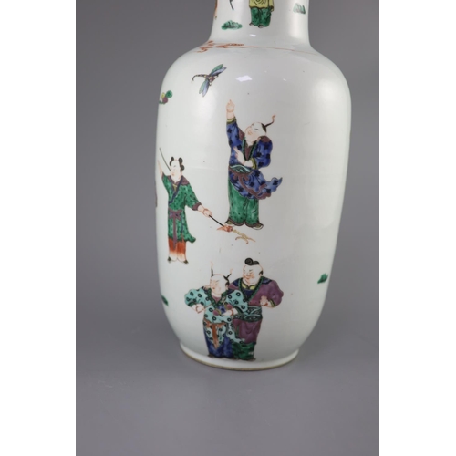 223 - A large Chinese famille verte 'boys' rouleau vase, 19th century, painted with boys playing music, ac... 