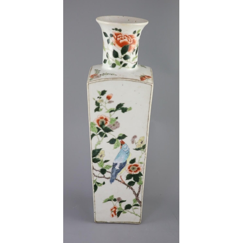 225 - A large Chinese famille verte square tapered vase, 19th century, finely painted with a blackbird ami... 