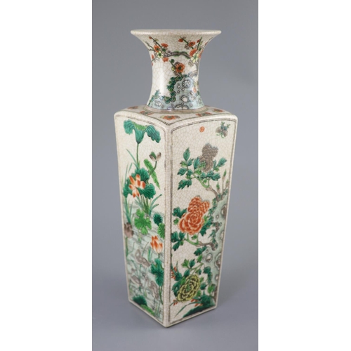 226 - A Chinese famille verte crackle glaze square vase, late 19th century, painted with egrets wading ami... 