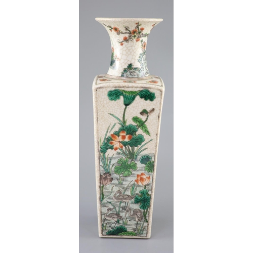 226 - A Chinese famille verte crackle glaze square vase, late 19th century, painted with egrets wading ami... 