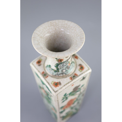 226 - A Chinese famille verte crackle glaze square vase, late 19th century, painted with egrets wading ami... 