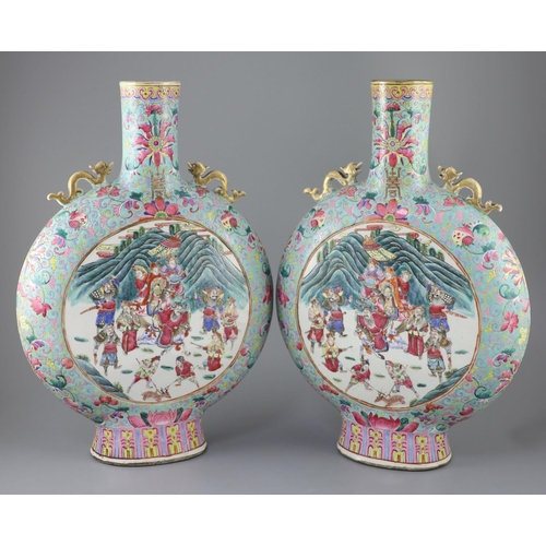 227 - A pair of large Chinese turquoise ground famille rose moon flasks, Tongzhi seal mark and of the peri... 