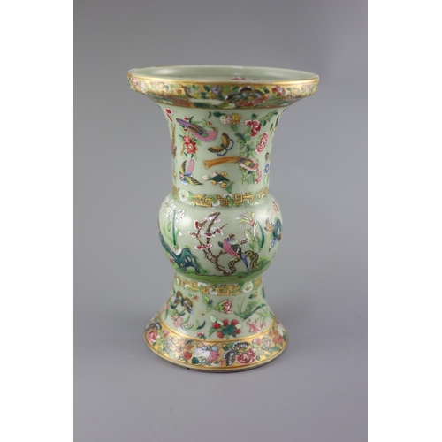 231 - A Chinese Canton decorated celadon ground vase, zun, c.1830, painted in famille rose colours with bi... 