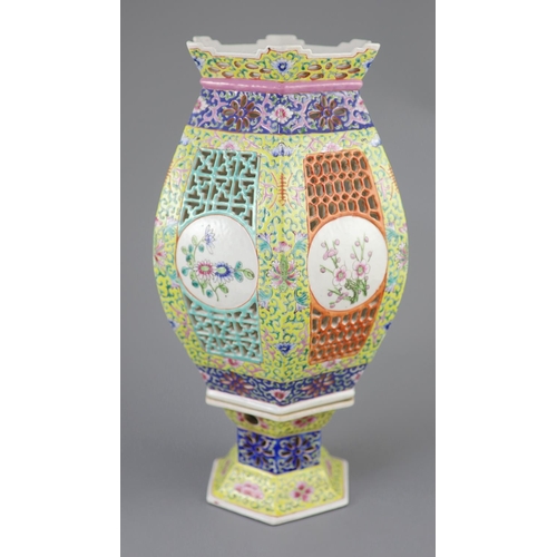 233 - A Chinese famille rose lantern and stand, Republic period, of hexagonal form painted with flowering ... 