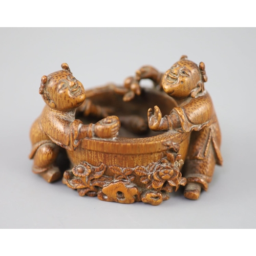 238 - A fine and rare Chinese bamboo-root 'boys and fish bowl' brush washer, 18th/19th century, carved in ... 