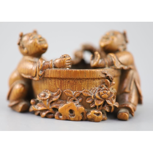 238 - A fine and rare Chinese bamboo-root 'boys and fish bowl' brush washer, 18th/19th century, carved in ... 