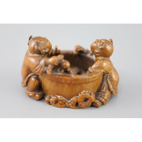 238 - A fine and rare Chinese bamboo-root 'boys and fish bowl' brush washer, 18th/19th century, carved in ... 