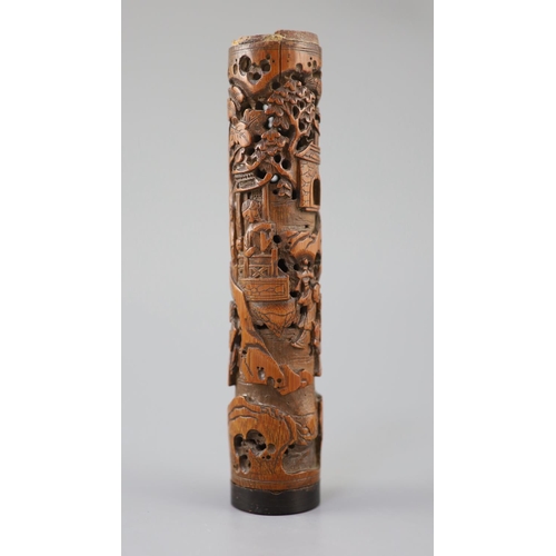 239 - A Chinese bamboo 'landscape and figures' perfume holder, 18th century, of cylindrical form, finely c... 