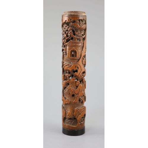 239 - A Chinese bamboo 'landscape and figures' perfume holder, 18th century, of cylindrical form, finely c... 