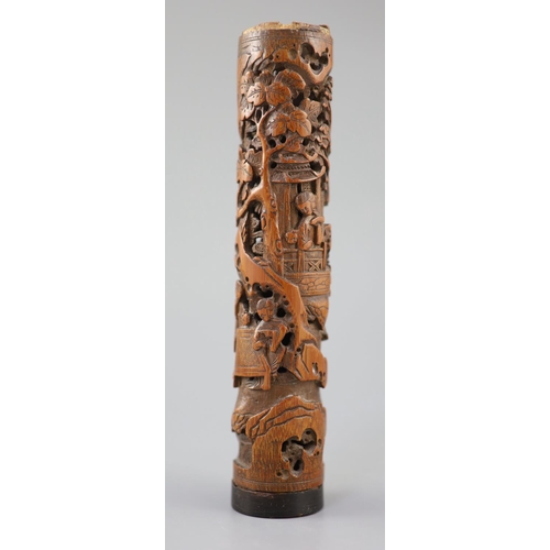 239 - A Chinese bamboo 'landscape and figures' perfume holder, 18th century, of cylindrical form, finely c... 