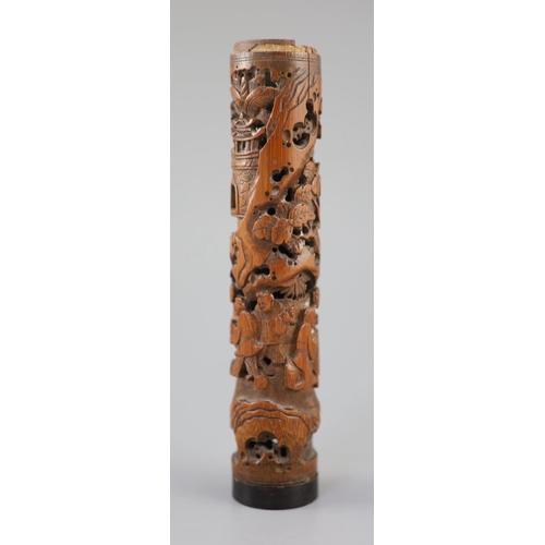 239 - A Chinese bamboo 'landscape and figures' perfume holder, 18th century, of cylindrical form, finely c... 