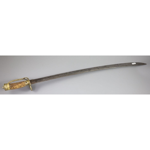 24 - A late 17th century military hangar sword, with brass hilt, antler handle and blade engraved with cl... 