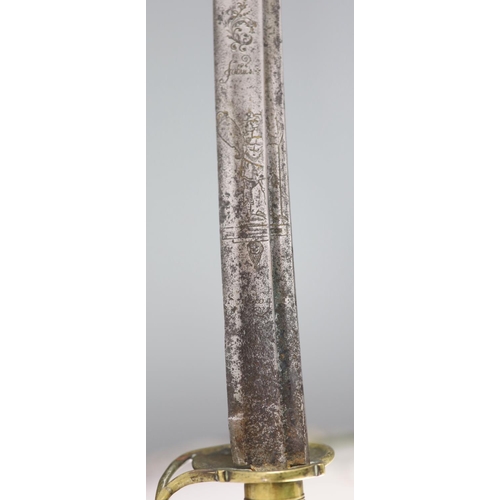 24 - A late 17th century military hangar sword, with brass hilt, antler handle and blade engraved with cl... 