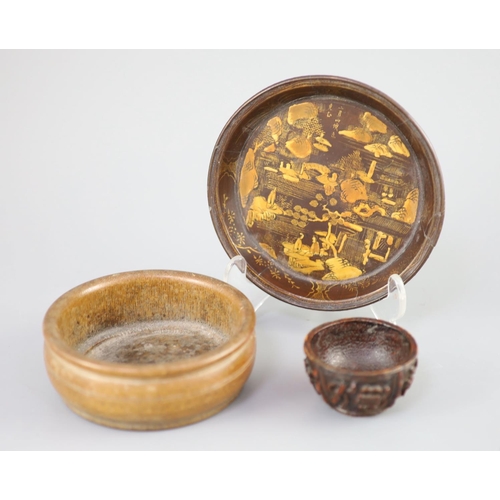 244 - A Chinese carved bamboo cup, a plain bamboo brushwasher, 18th/19th century and a gilt decorated lacq... 