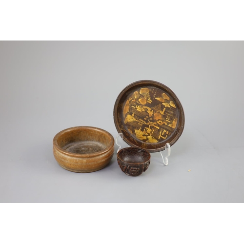 244 - A Chinese carved bamboo cup, a plain bamboo brushwasher, 18th/19th century and a gilt decorated lacq... 