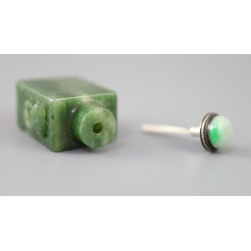 255A - A good Chinese spinach green jade rectangular snuff bottle, 18th/19th century, the sides carved in r... 