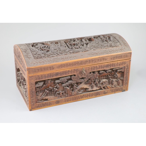 258 - A large Chinese carved sandalwood box, 19th century, the domed top and sides carved in high relief a... 